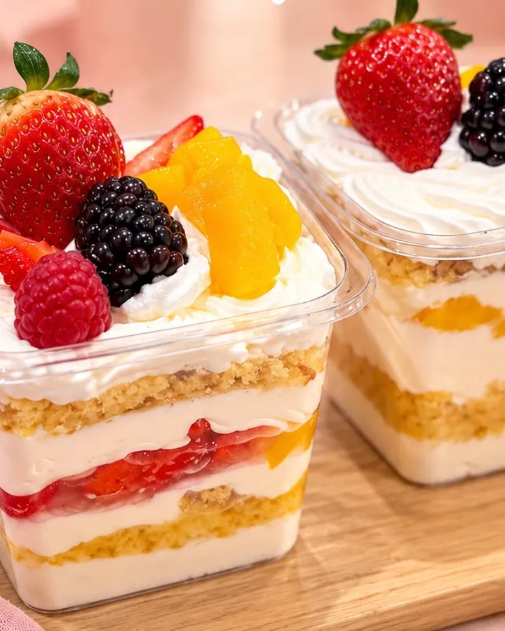 Dos postres de cuchara en vaso con capas de bizcocho, nata y fruta, coronados de fresa, mora, frambuesa y fruta amarilla