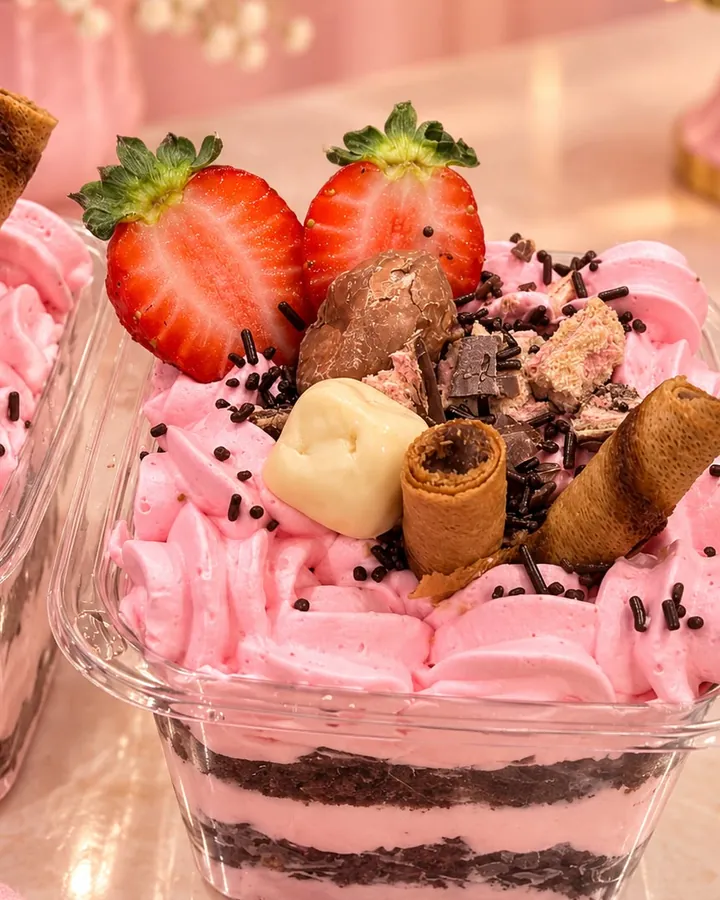 Postre de cuchara en tarrina: capas de bizcocho de chocolate y crema rosa, con fresas, barquillos y oblea Samba encima