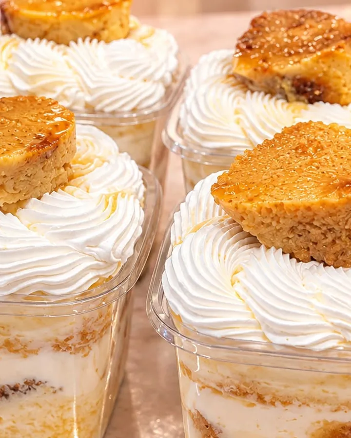 Tarrinas de tres leches con rosetones de nata y un trozo de quesillo caramelizado encima
