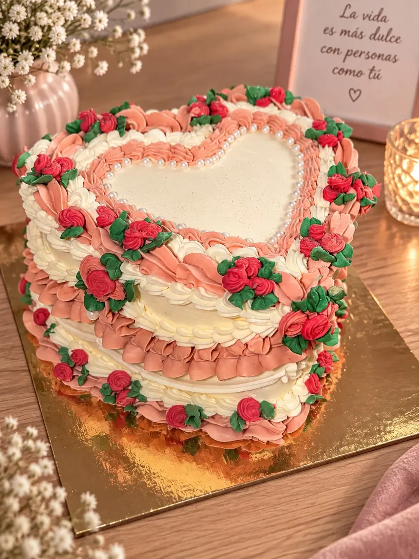 Tarta de un piso en forma de Corazón decorada con buttercream estilo vintage/Lambeth: volantes rosa salmón alternados con crema.