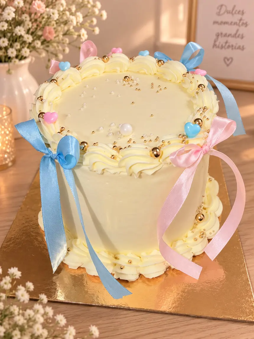 Tarta alta de un solo piso, redonda, cubierta de buttercream amarillo pálido, con cenefa de rosetones arriba y abajo, perlas doradas y blancas.