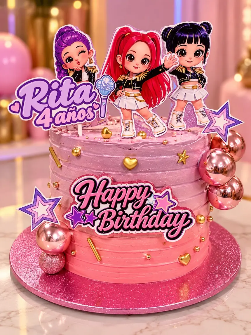Tarta de cumpleaños personalizada de un solo piso, alta, con buttercream en degradado rosa (de rosa pálido arriba a fucsia abajo).
