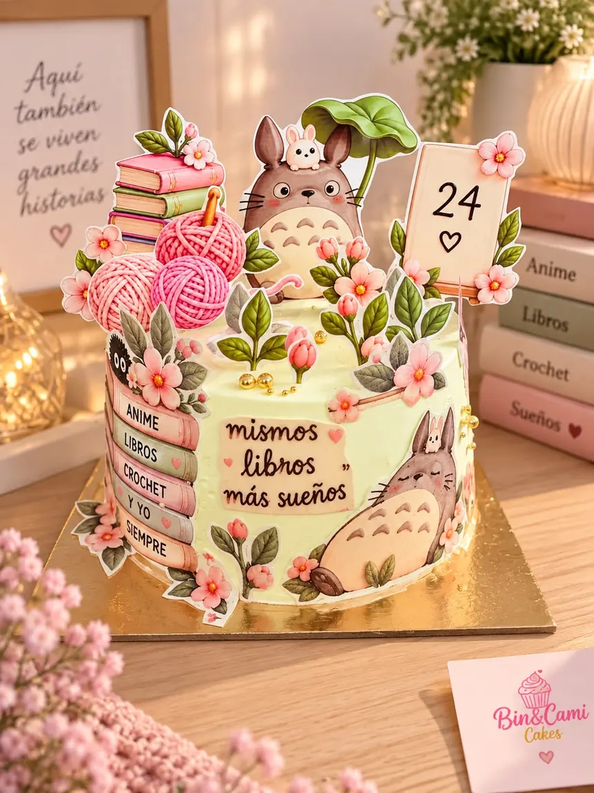 Tarta temática de cumpleaños (24 años) de una sola altura, cubierta verde pastel, decorada con toppers impresos de Totoro (anime de Studio Ghibli).