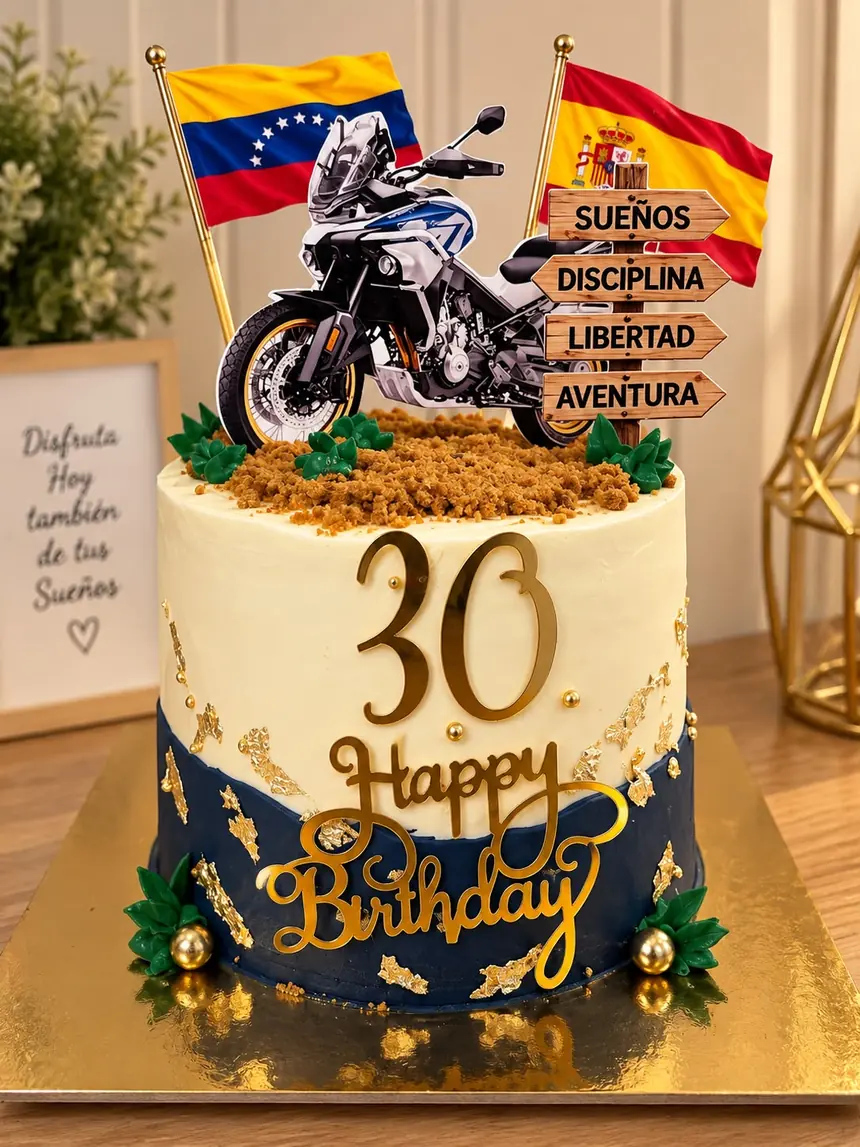Tarta de cumpleaños personalizada de un piso alto (crema y azul marino, con pan de oro, crumble dorado por arriba y hojas verdes), con topper de "30".