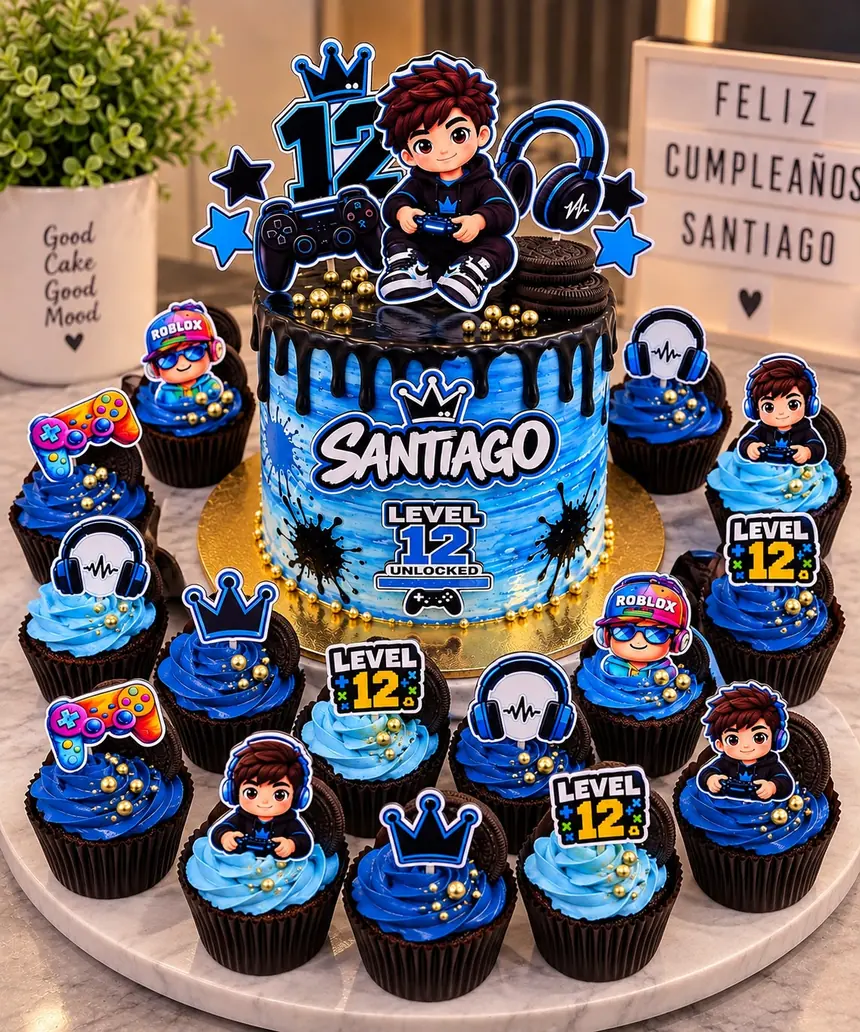Tarta alta de cumpleaños personalizada de temática gamer (cobertura azul con drip de chocolate negro, perlas doradas.