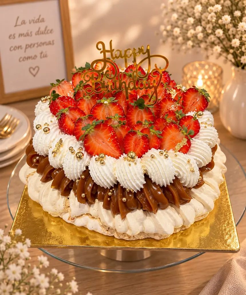 Tarta entera de cumpleaños, redonda y de aspecto muy trabajado: base clara (parece disco de merengue o bizcocho con borde crujiente).