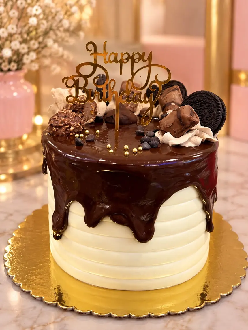 Tarta alta de cumpleaños de un piso: cobertura de crema blanca/marfil con rayas horizontales, chorreado (drip) de ganache de chocolate por el borde y.