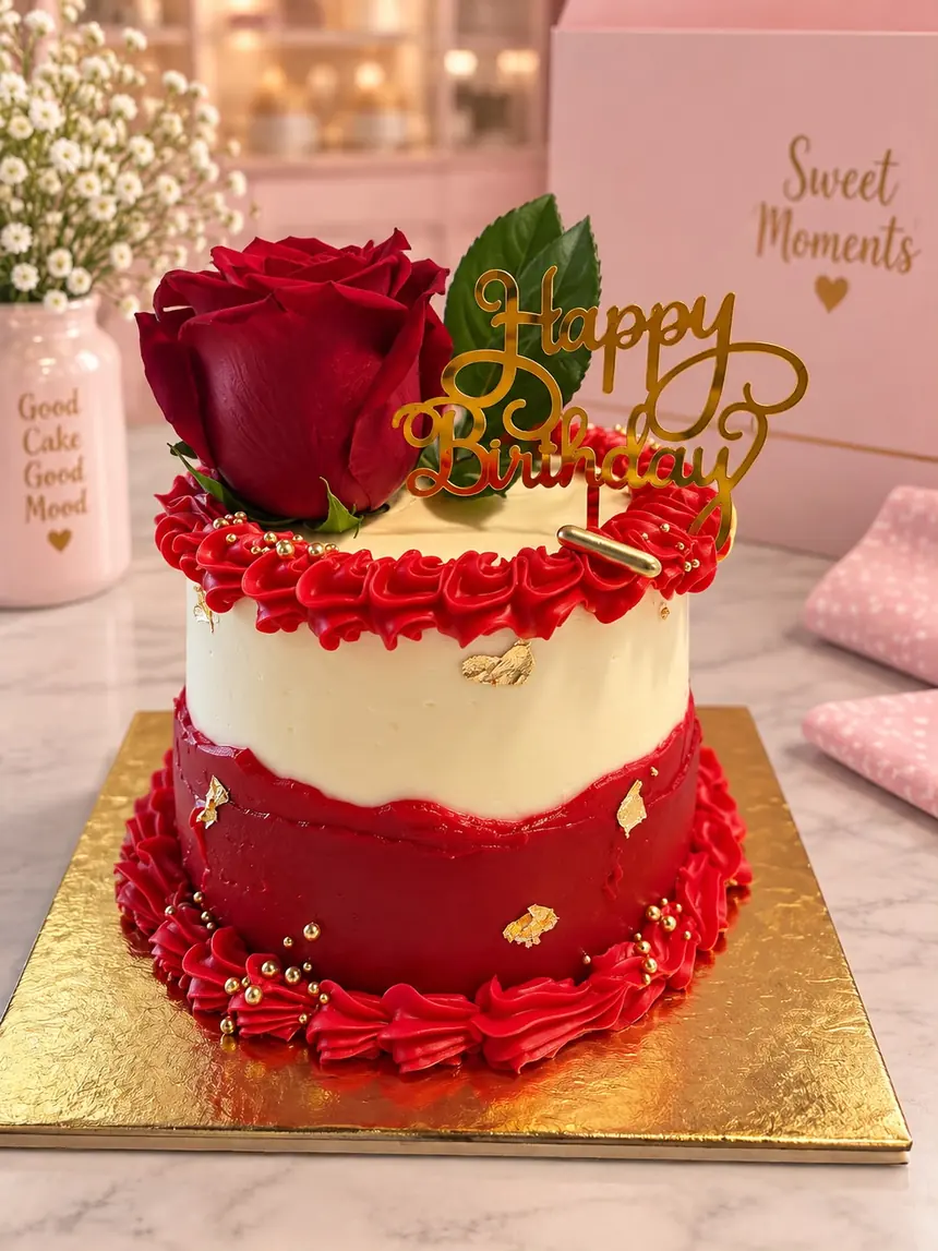 Tarta de cumpleaños redonda de un piso, alta, cubierta de buttercream: mitad superior blanca/crema y mitad inferior roja con corte ondulado.
