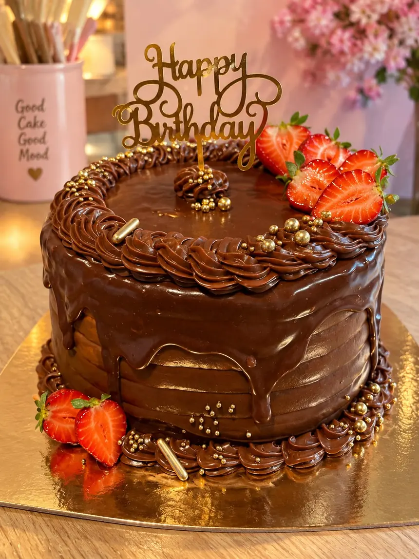 Tarta redonda de chocolate de un piso, cubierta de ganache con drip, borde de rosetones de crema de chocolate arriba y abajo, perlas doradas.