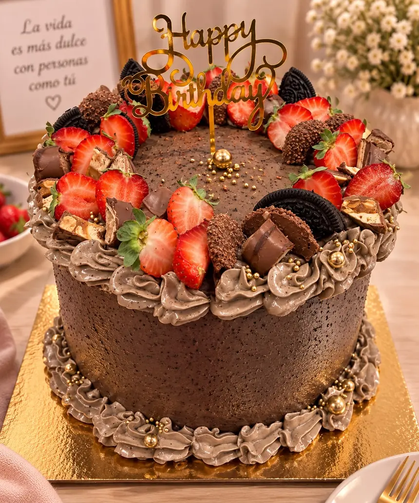 Tarta de cumpleaños alta de chocolate, cubierta de ganache/crema de chocolate, con corona de fresas frescas partidas, galletas tipo Oreo.