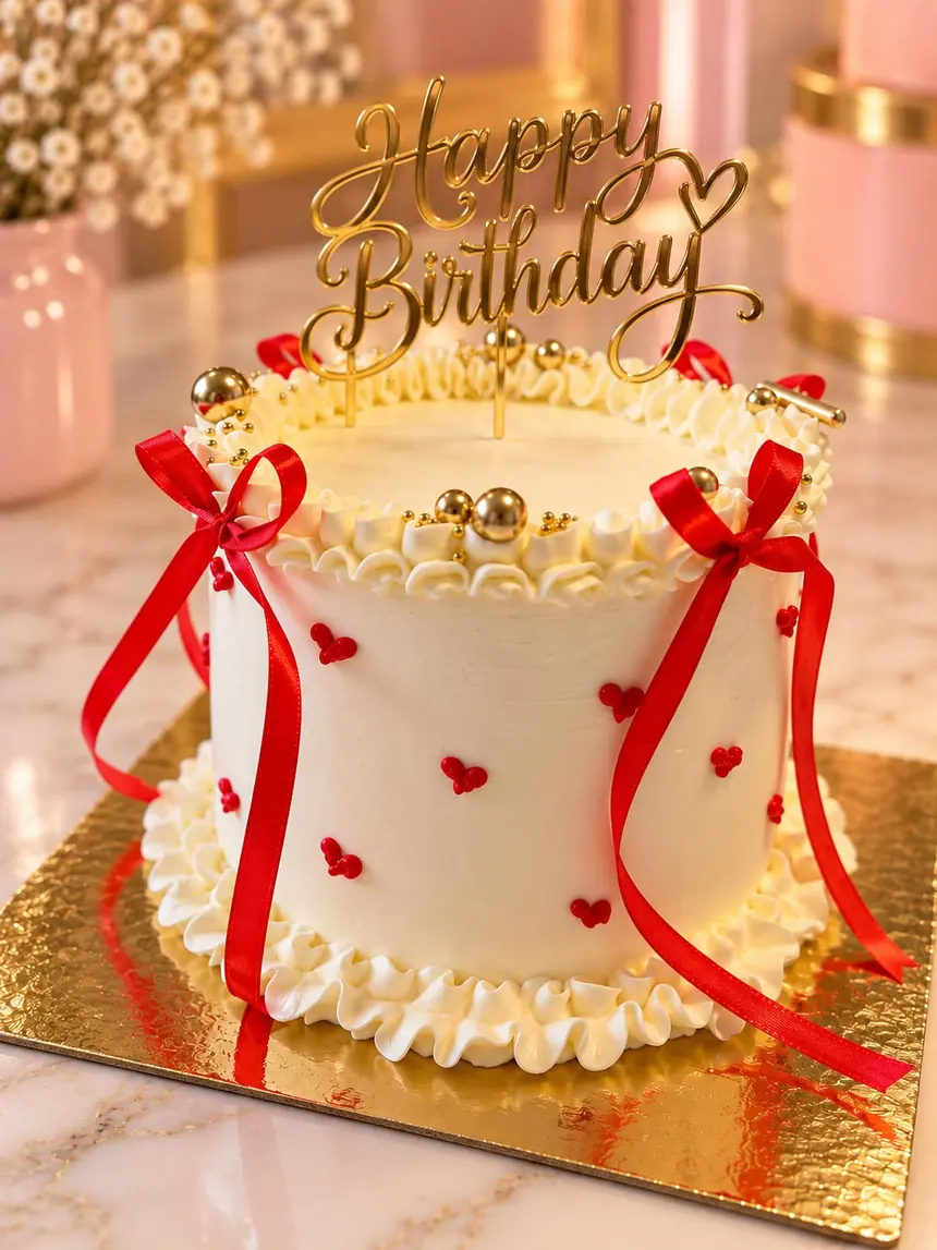 Tarta de cumpleaños de un solo piso, cubierta de buttercream blanco/crema con cenefa de volantes arriba y abajo, corazoncitos rojos de azúcar.