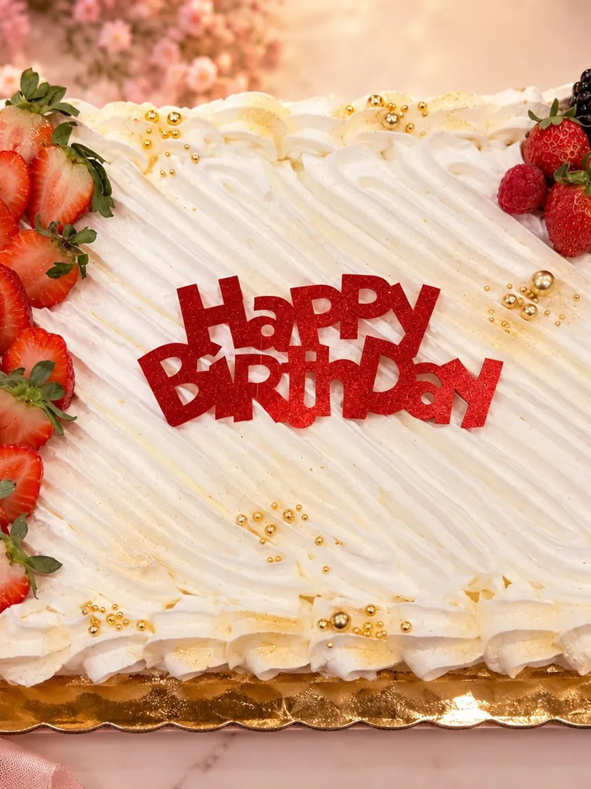 Tarta rectangular de nata con fresas y moras en las esquinas, perlas doradas y un cartel rojo de «Happy Birthday»