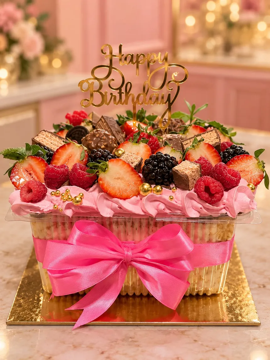 Tarta de cumpleaños de crema rosa rodeada de un lazo rosa, coronada de fresas, frambuesas, moras y bombones, con topper dorado de «Happy Birthday»