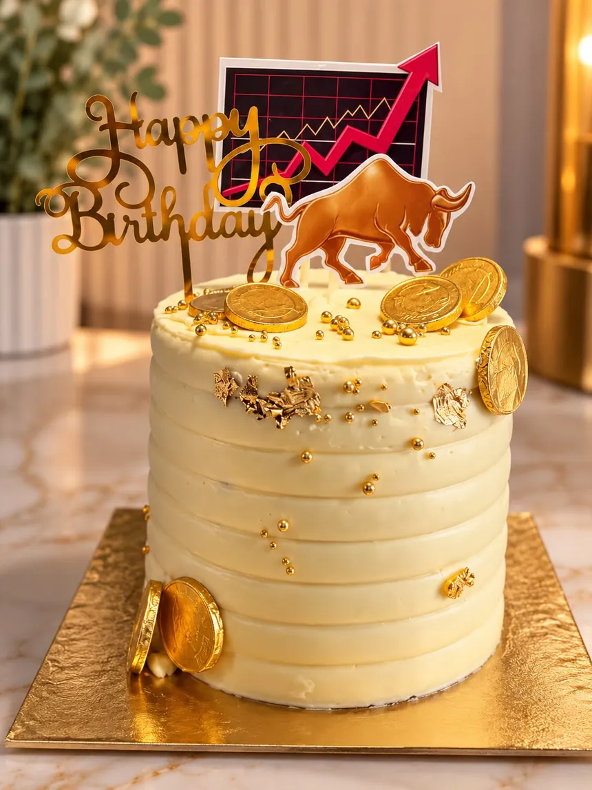 Tarta alta de buttercream blanco a rayas con monedas doradas, un toro dorado y un gráfico de bolsa subiendo, con topper de «Happy Birthday»
