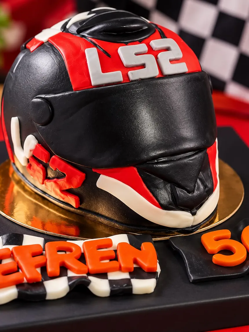 Tarta con forma de casco de moto rojo y negro, sobre una base de cuadros de meta, con un nombre y un 50 en letras de fondant
