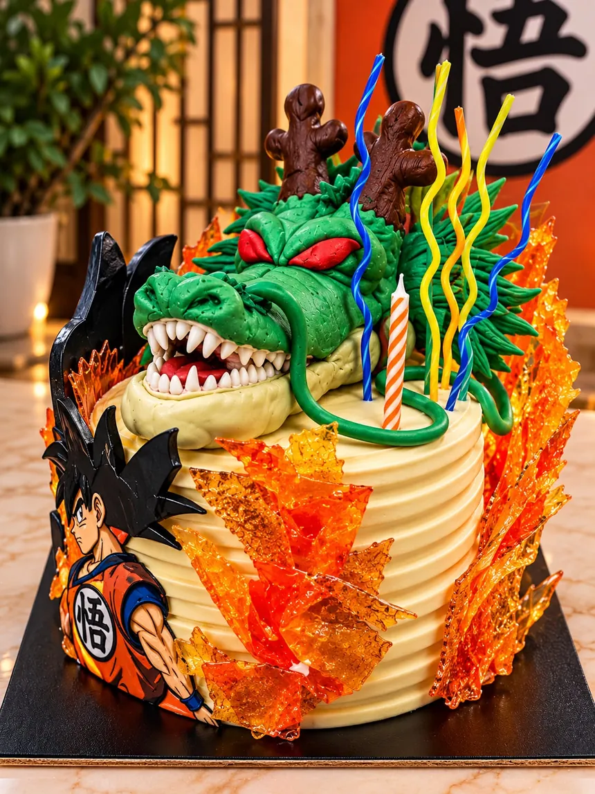 Tarta temática de Dragon Ball: el dragón Shenlong modelado enroscado en lo alto, Goku a un lado y llamas de caramelo naranja