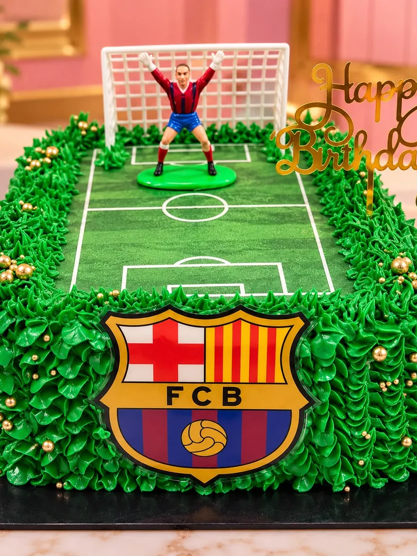 Tarta rectangular de campo de fútbol con césped de crema verde, una portería con su portero y el escudo del FC Barcelona
