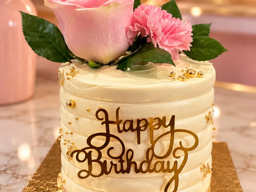 Tarta de cumpleaños con buttercream rosa y dorado, con velas encendidas
