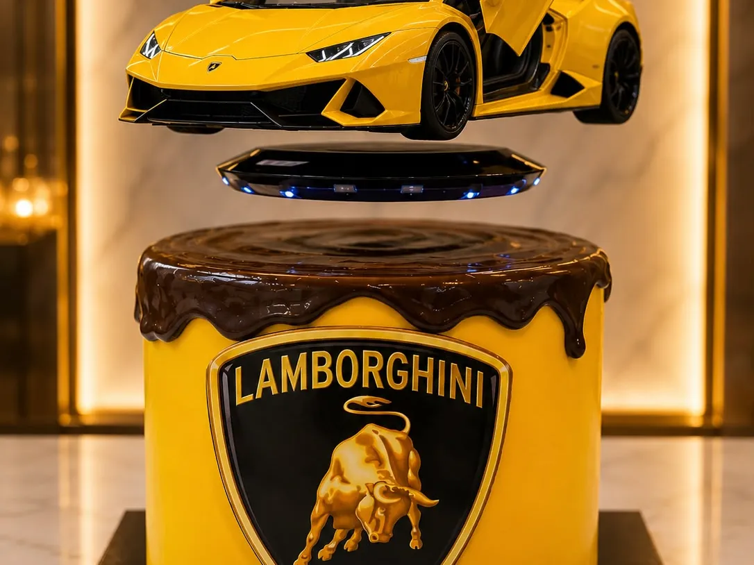 Tarta temática de dos pisos decorada con un coche deportivo y el emblema de la marca pintados a mano